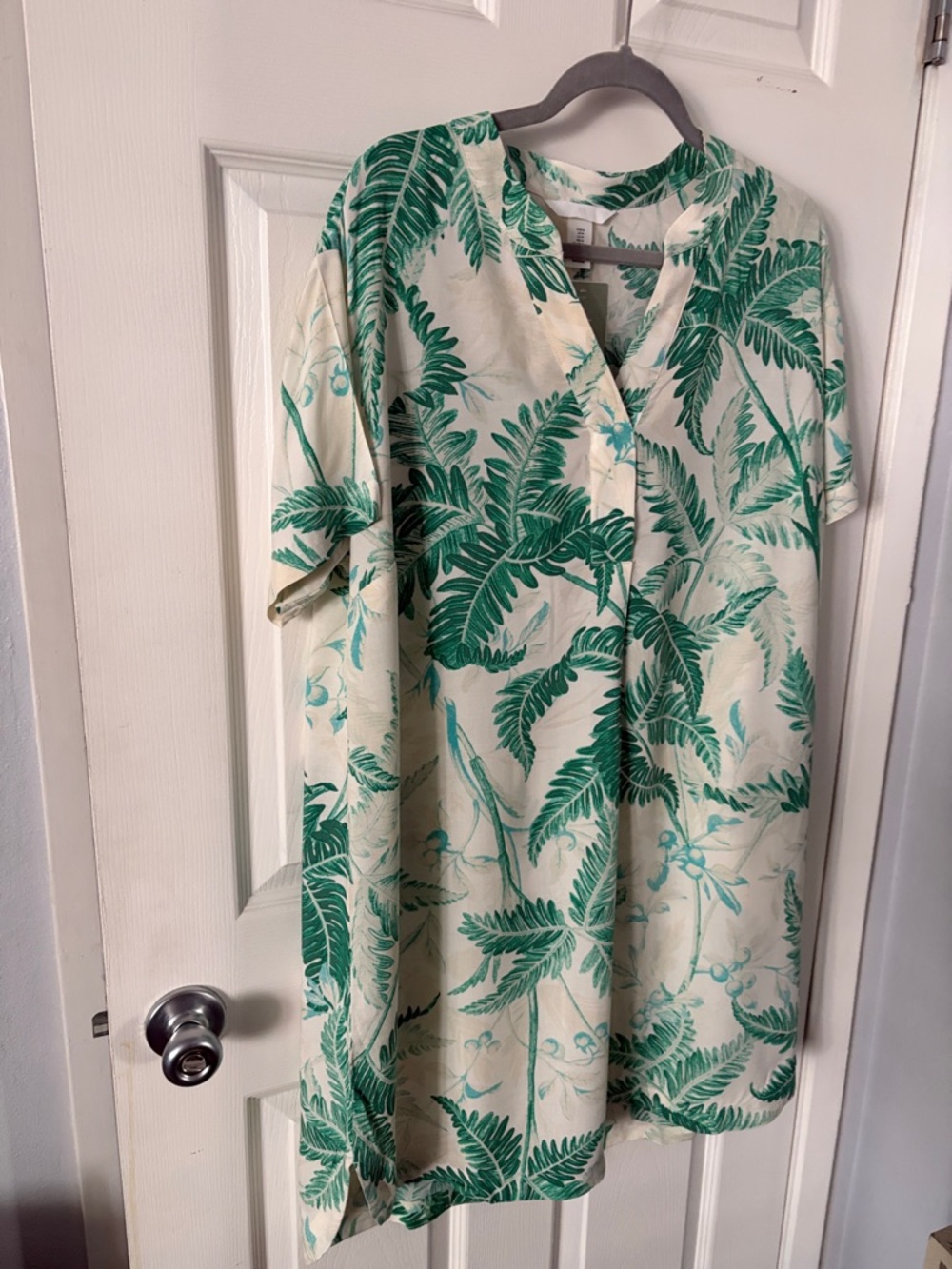 H&M Cream Mini Dress with Green Tropical Leaf Print